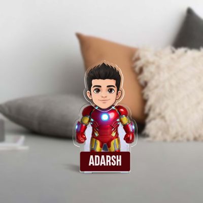 Personalized Bobble Head Ironman458 Superhero Cartoon Standee with Shaking Head, Custom with Name Idol for Car Dashboard & Home Decor Gift for Superhero Fans Return Gift Solar Powered